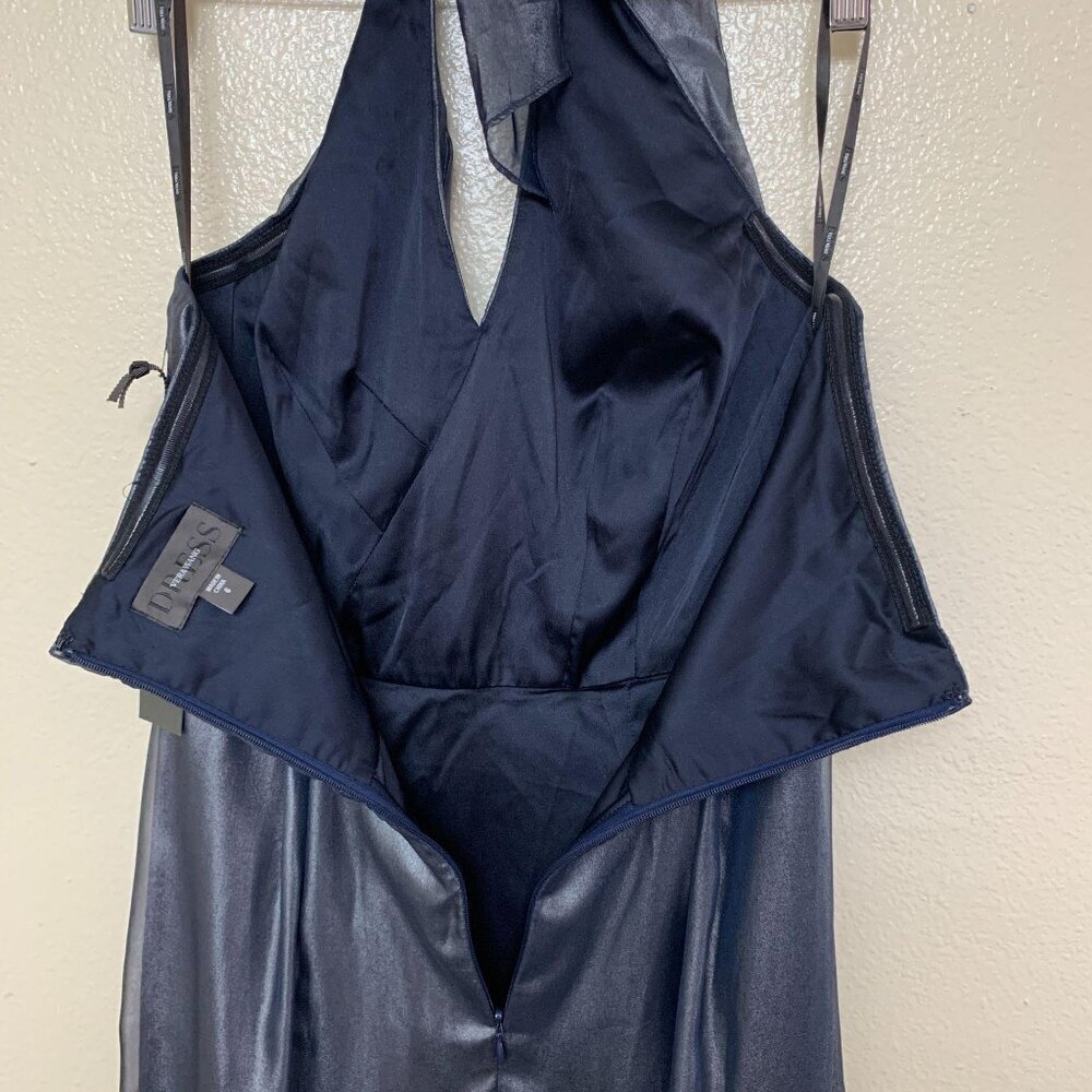 Vera Wang Satin Chiffon Halter V Neck Cocktail Dress Size 6 Navy Metallic - Picture 4 of 11